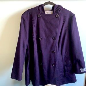 Anne Klein Deep Purple Double-Breasted Hooded Pea Coat